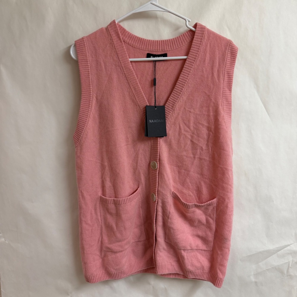 NAADAM Pink Cashmere Sleeveless Button Sweater V Neck Vest Cardigan M Old Money